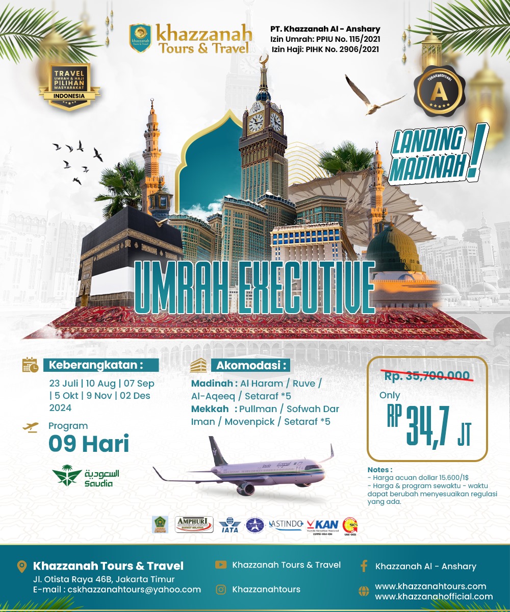 Promo Paket Umroh Executive Hotel Dekat Masjidil Haram Keberangkatan Juli Sampai Desember 2024